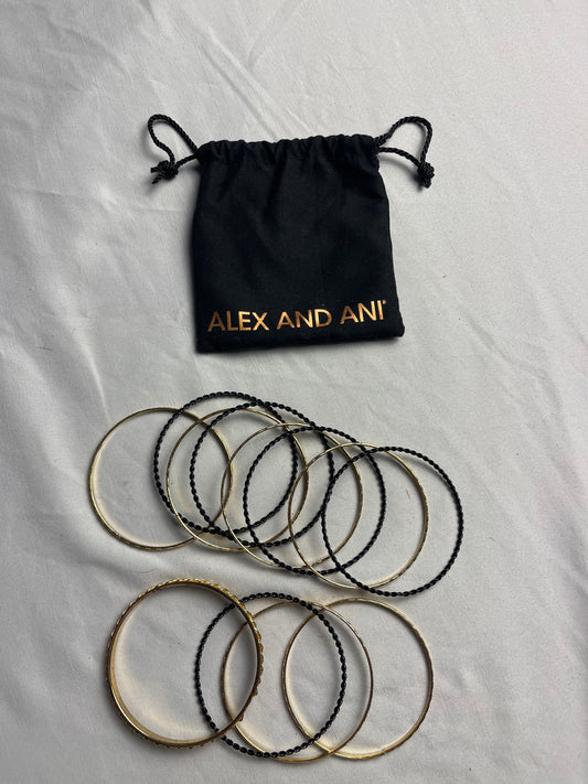 Mixed Lot 19 Silver Gold Toned and black Bangle Bracelets Thin Stack Costume Jewelry Cuff with Alex and Ani bag